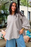 Nonni Gingham Bell Sleeve Peasant Blouse Mocha